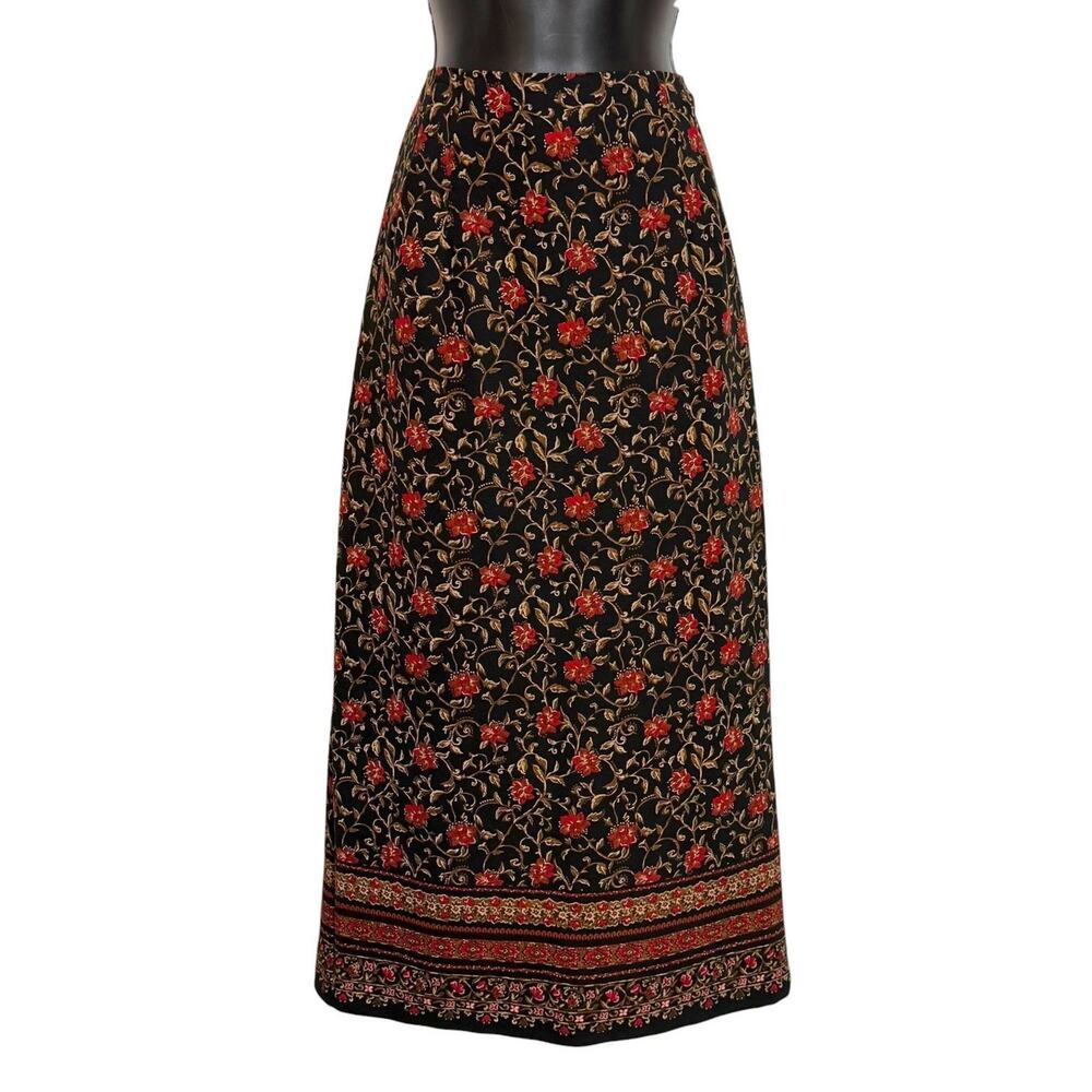VINTAGE BRIGGS NEW YORK FLORAL MAXI SKIRT SIZE 10 BLACK RED BOHO COTTAGECORE